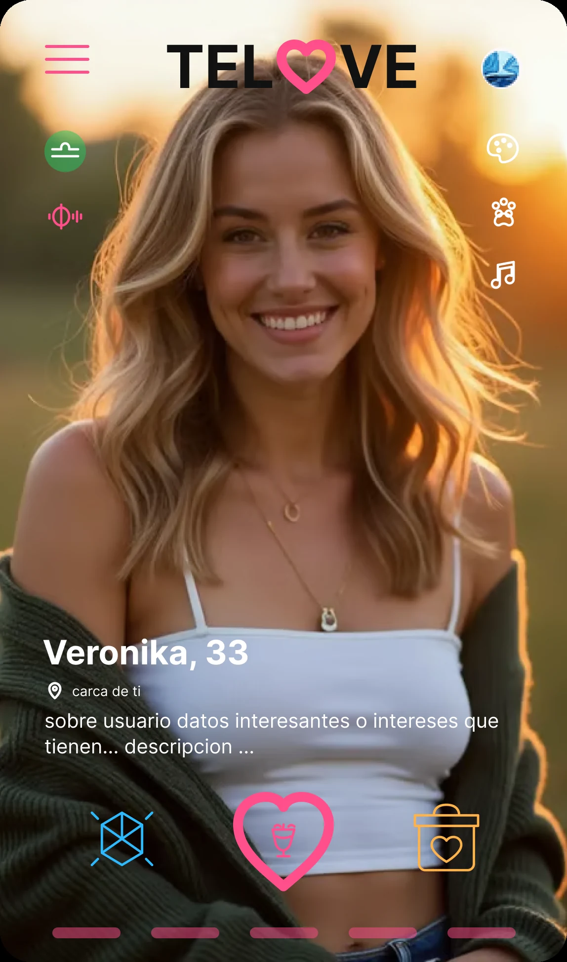 Pantalla principal móvil de TELOVE con un perfil y acciones para romper el hielo, invitar y guardar para después